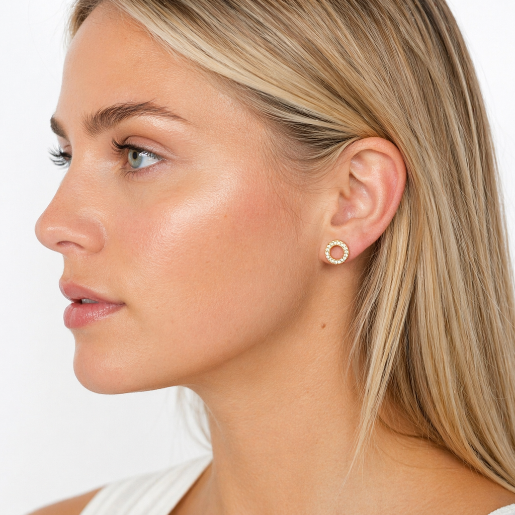 Halo Glow Stud Earrings – 18K Gold Plated CZ Circle Studs