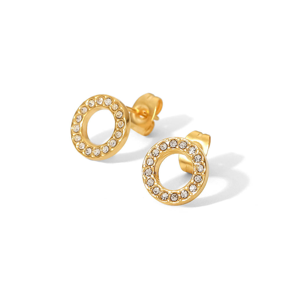Gold circle stud earrings with cubic zirconia, 18k gold plated stainless steel, waterproof and hypoallergenic jewelry